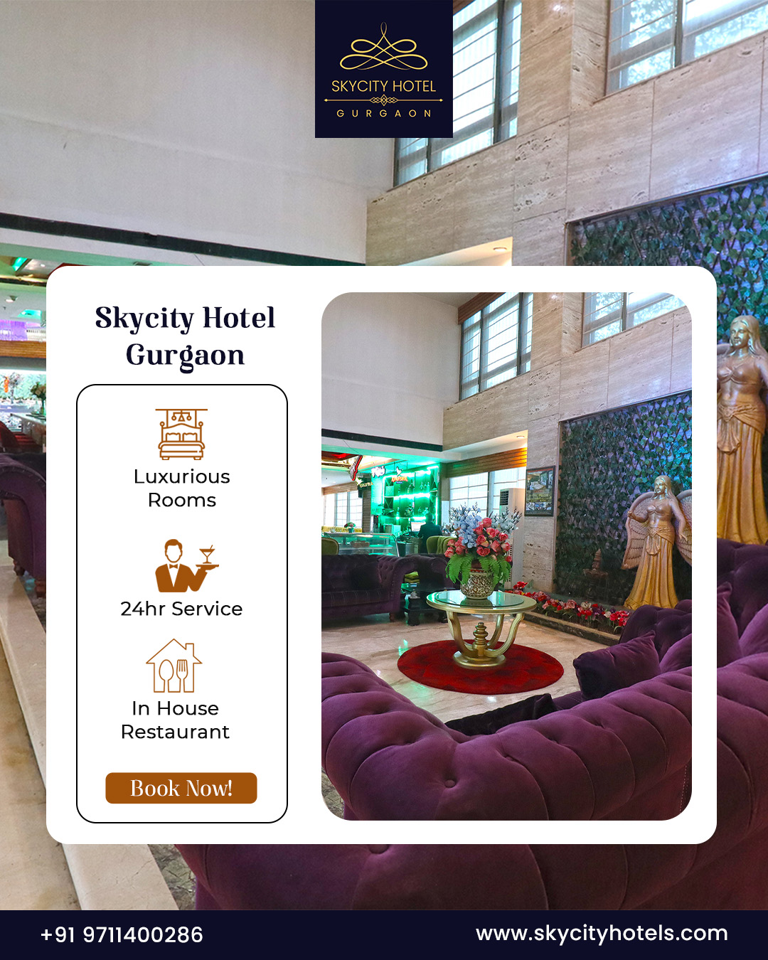 SkyCity Hotel Gurgaon interior with premium seating, restaurant and 24-hour service 